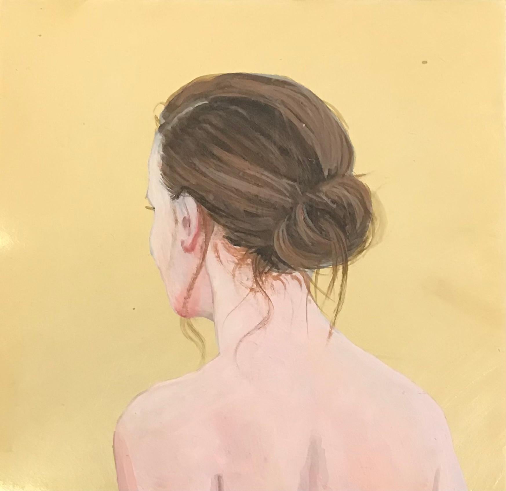 Karoline Kroiss Figurative Painting - ''Golden Moment LXIII'' Contemporary Portrait of Girl with Hair Bun on Brass