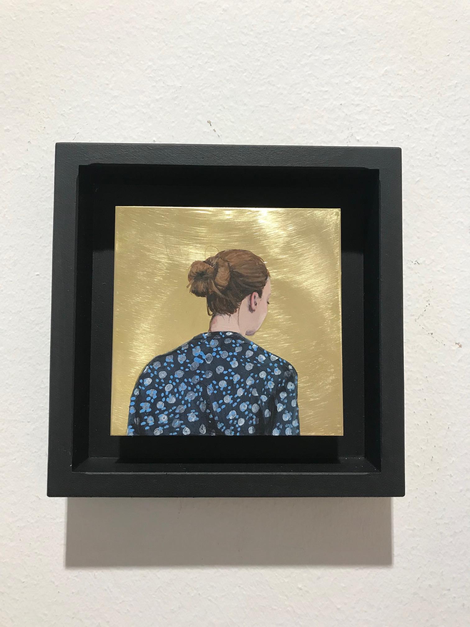 ''Golden Moment LXIV'' Contemporary Portrait of Girl in Blue Blouse on Brass - Painting by Karoline Kroiss
