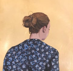 ''Golden Moment LXIV'' Portrait contemporain d'une jeune fille en chemisier bleu sur laiton