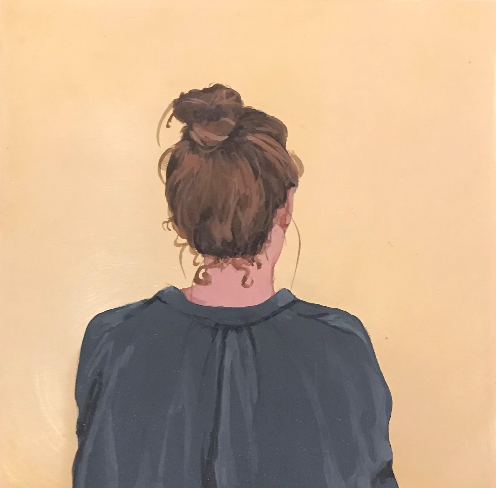 Karoline Kroiss Portrait Painting - ''Golden Moment LXVI'' Contemporary Portrait of Girl in Blue Blouse on Brass