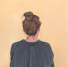 ''Golden Moment LXVI'' Portrait contemporain d'une jeune fille en blouse bleue sur laiton