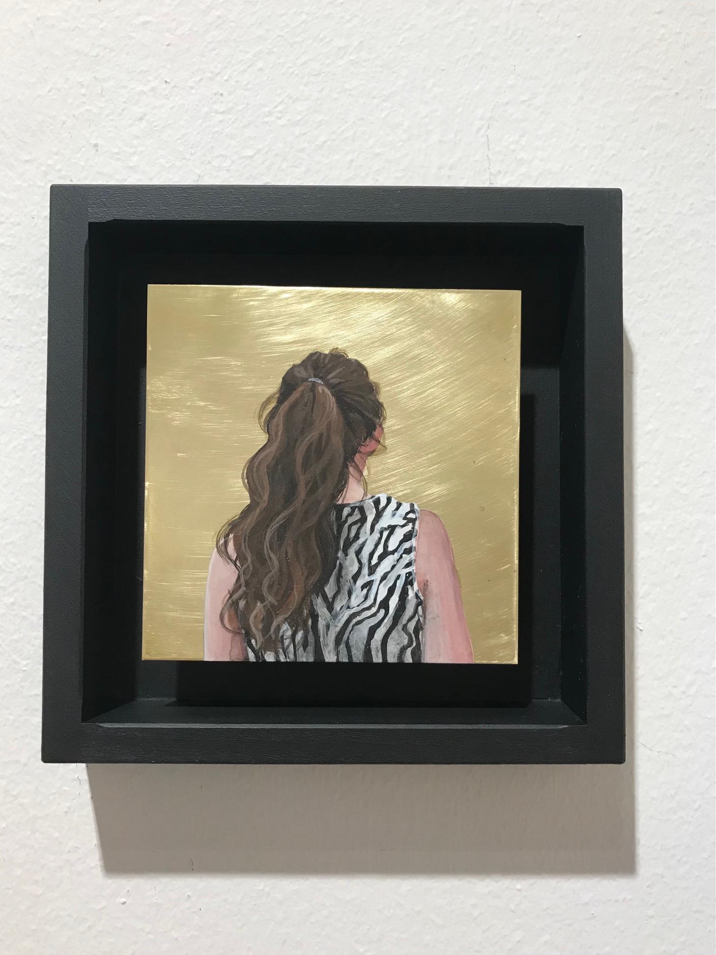 ''Golden Moment LXX'' Contemporary Portrait of Girl in Black-White Top on Brass - Painting by Karoline Kroiss