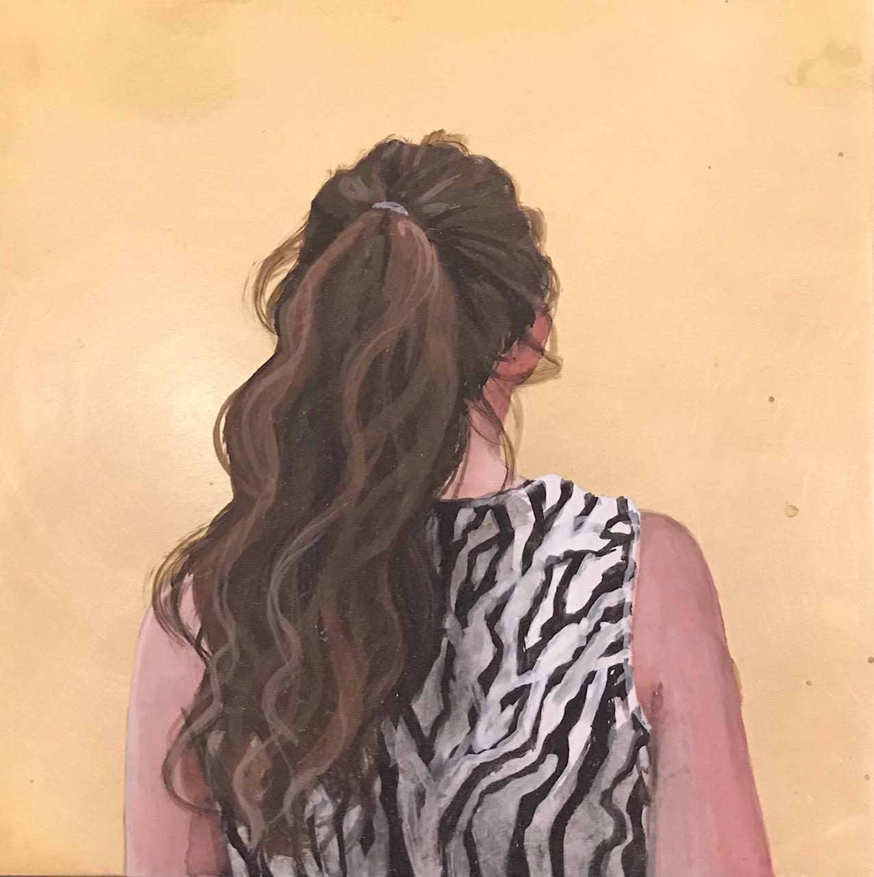 Karoline Kroiss Portrait Painting - ''Golden Moment LXX'' Contemporary Portrait of Girl in Black-White Top on Brass