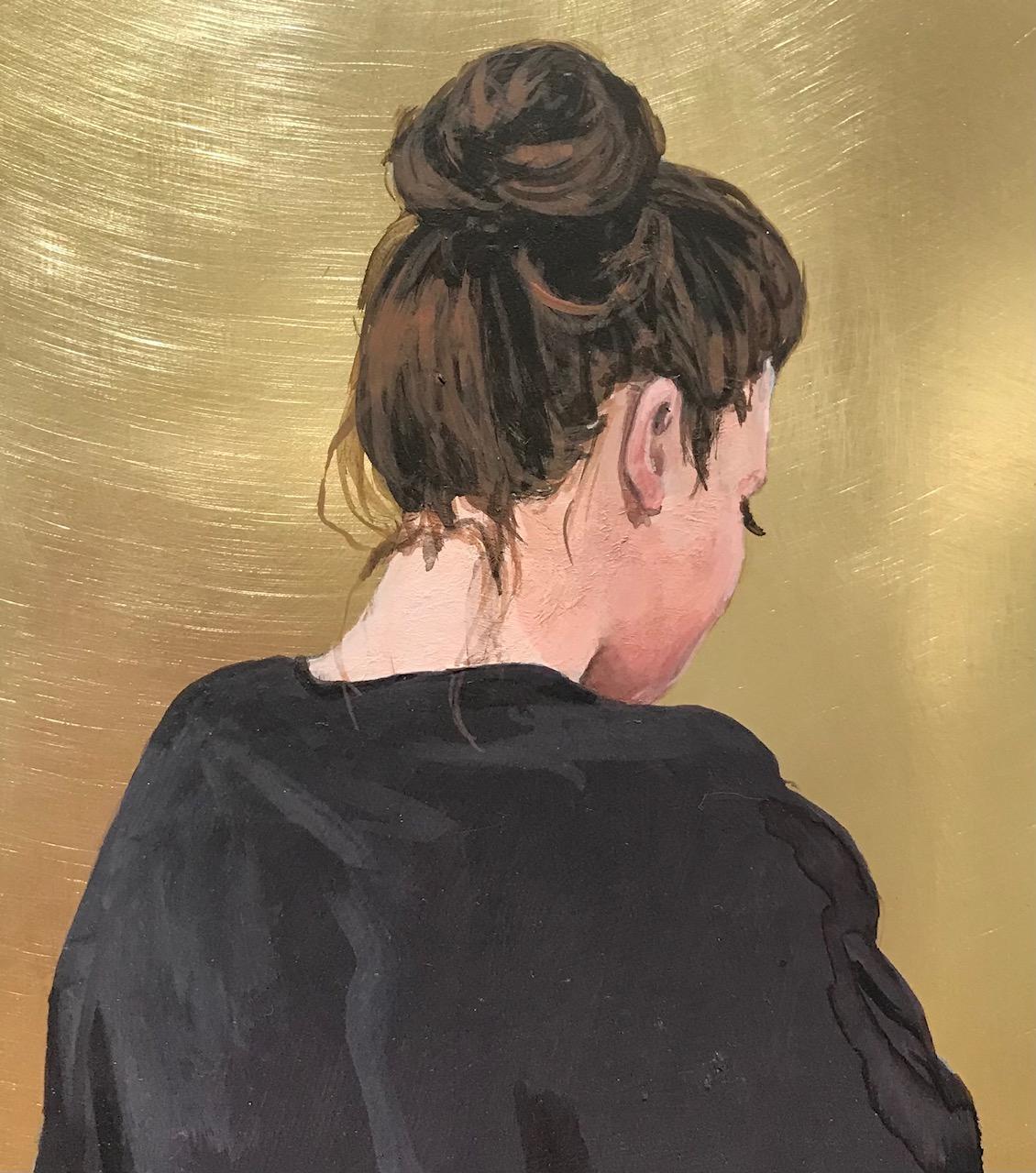 ''Golden Moment XLIII'' Contemporary Portrait of Girl with Hair Bun on Brass - Painting by Karoline Kroiss