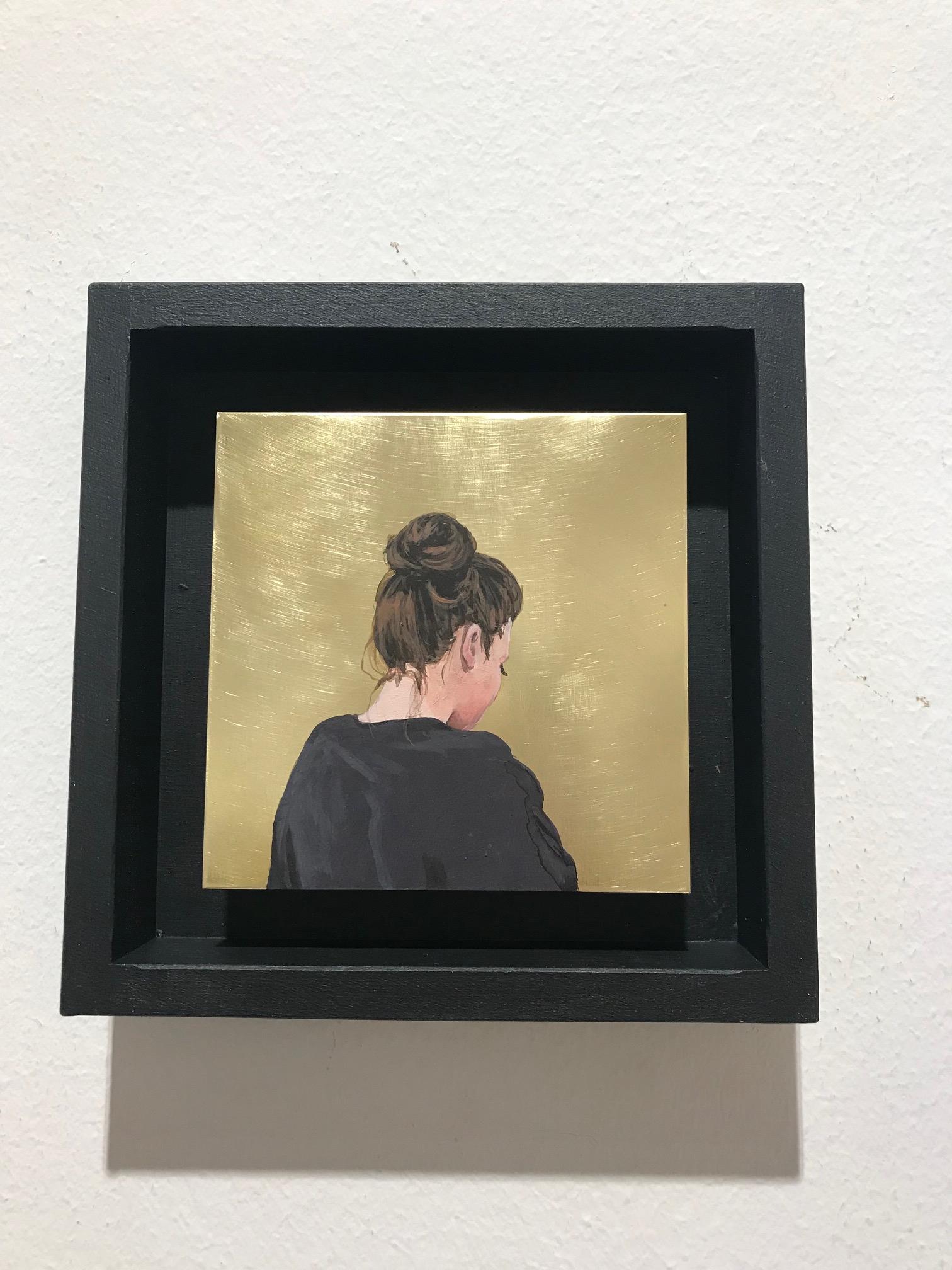 ''Golden Moment XLIII'' Contemporary Portrait of Girl with Hair Bun on Brass For Sale 1