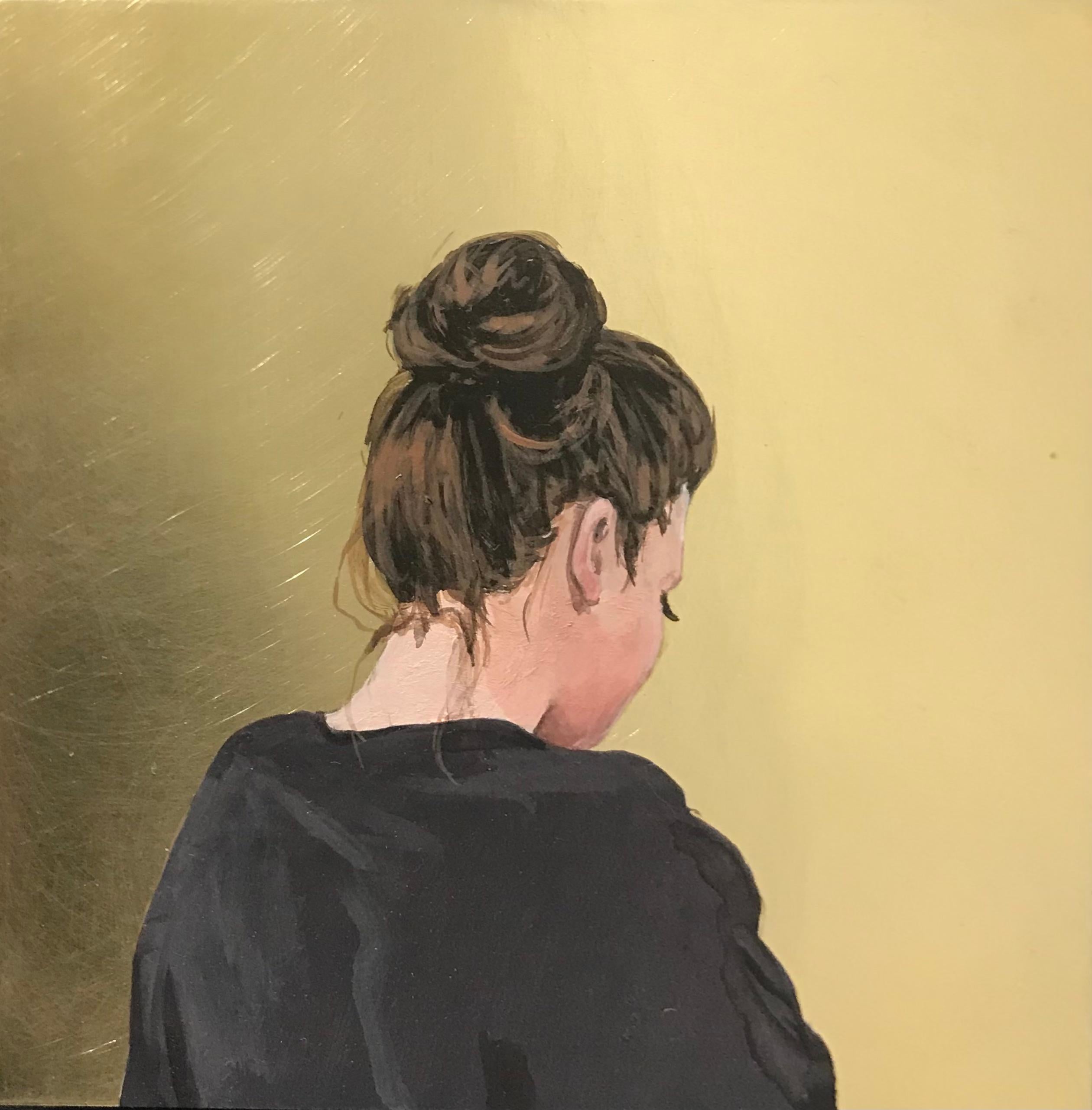 Karoline Kroiss Portrait Painting - ''Golden Moment XLIII'' Contemporary Portrait of Girl with Hair Bun on Brass