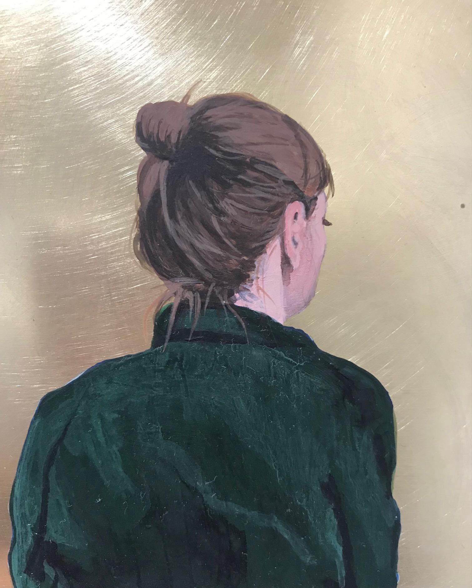 ''Golden Moment XLIV'' Contemporary Portrait of Girl with Green Blouse on Brass - Brown Portrait Painting by Karoline Kroiss