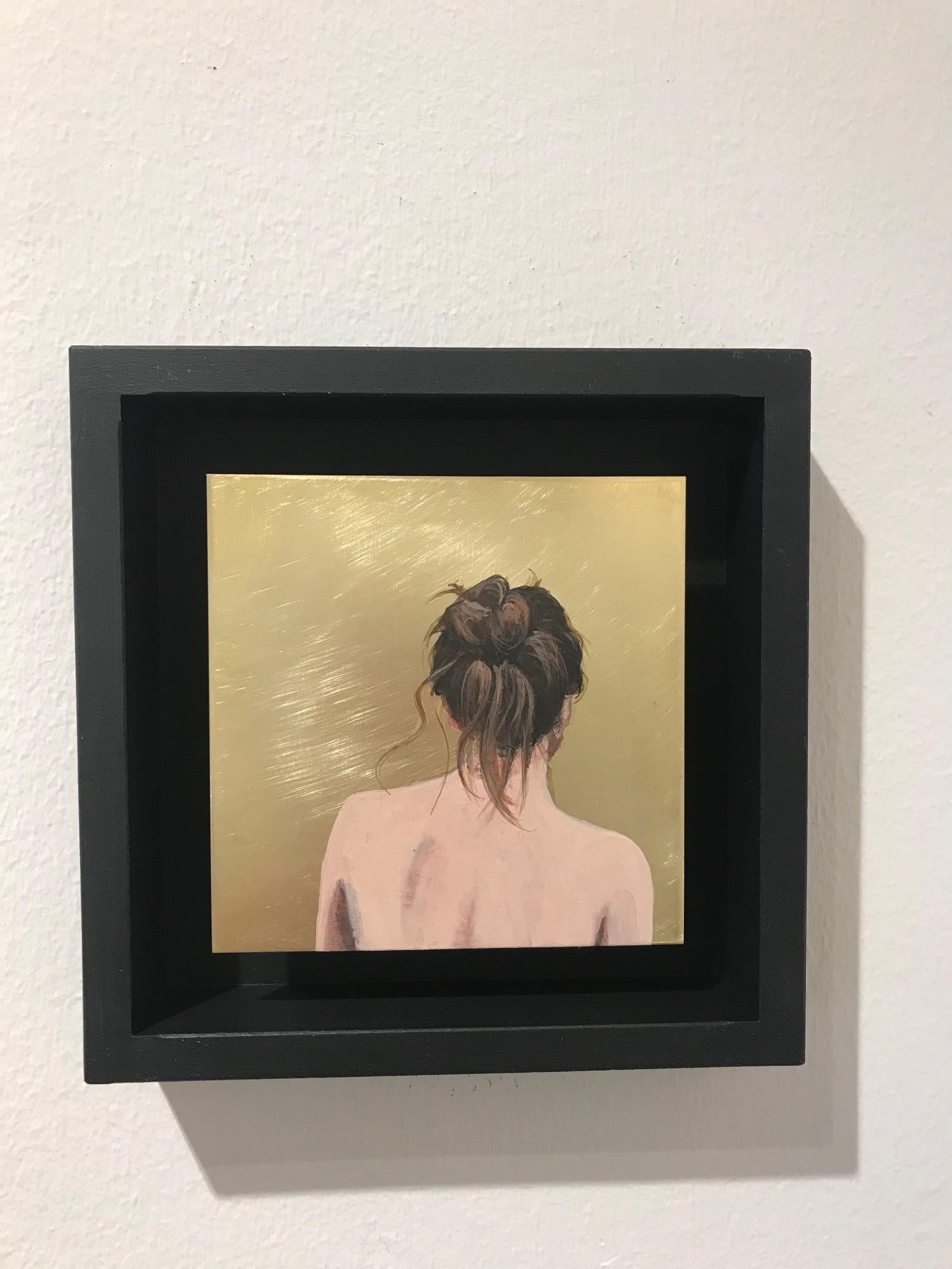 ''Golden Moment XLIX'' Contemporary Portrait of Girl with Hair Bun on Brass - Painting by Karoline Kroiss