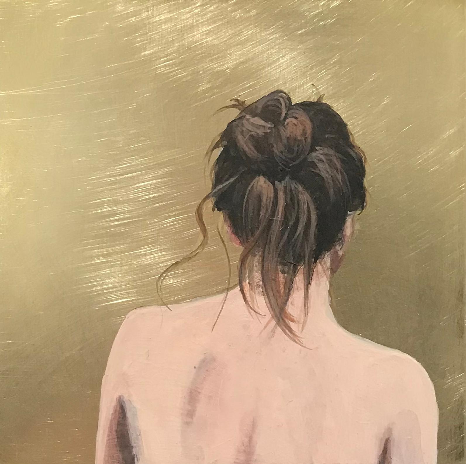 Karoline Kroiss Figurative Painting - ''Golden Moment XLIX'' Contemporary Portrait of Girl with Hair Bun on Brass