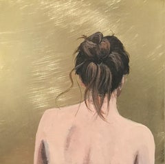 ''Golden Moment XLIX'' Portrait contemporain d'une jeune fille avec un chignon sur laiton