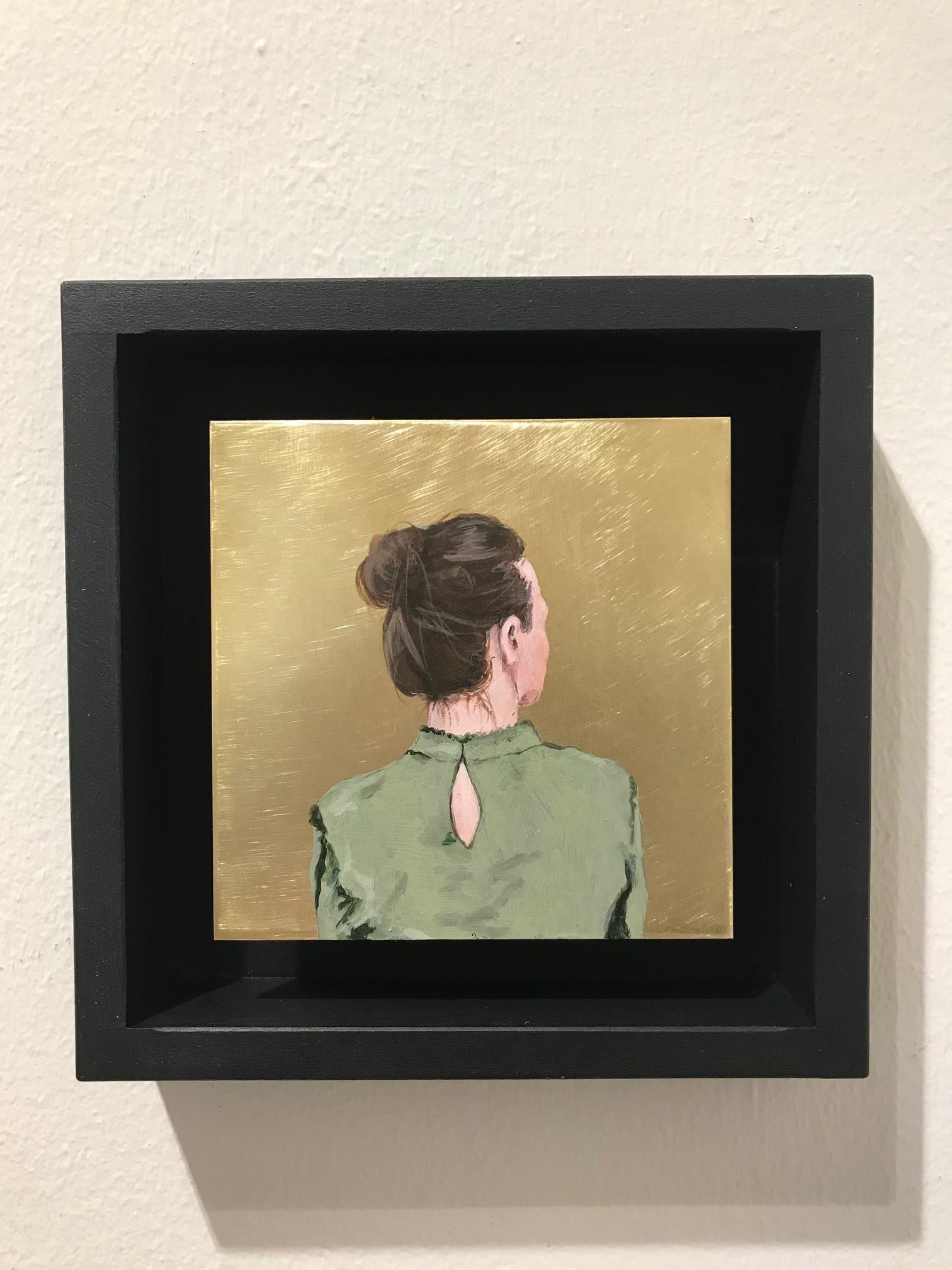 ''Golden Moment XLV'' Contemporary Portrait of Girl with Green Blouse on Brass - Painting by Karoline Kroiss