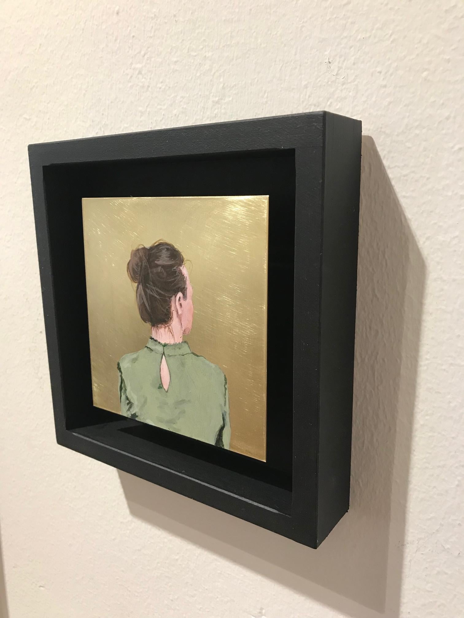 ''Golden Moment XLV'' Contemporary Portrait of Girl with Green Blouse on Brass For Sale 2