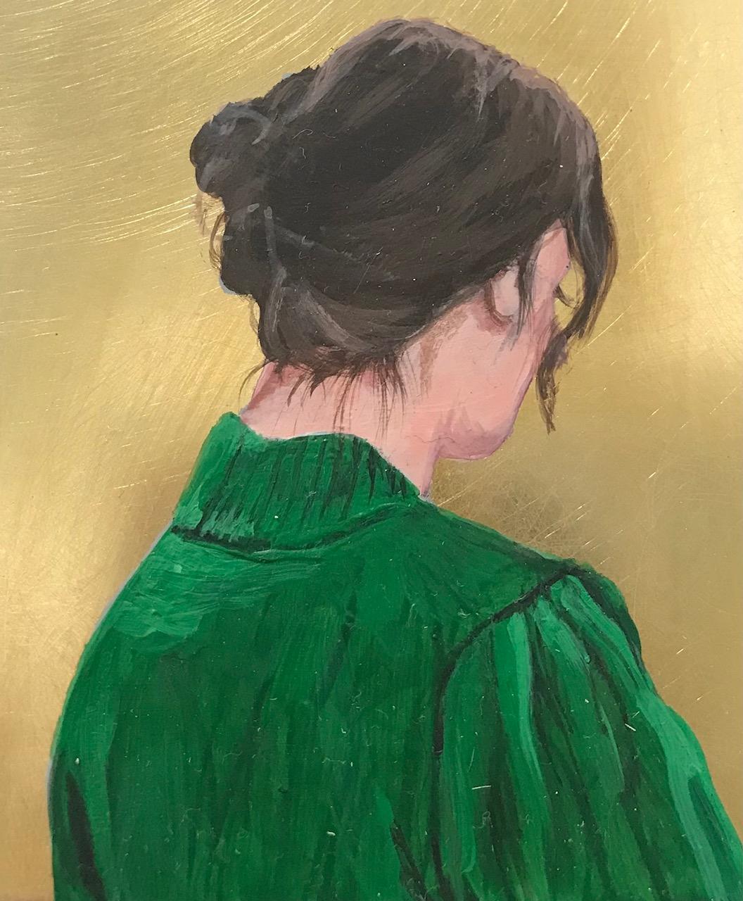 ''Golden Moment XXXIV'' Contemporary Portrait of Girl with Green Blouse on Brass - Painting by Karoline Kroiss