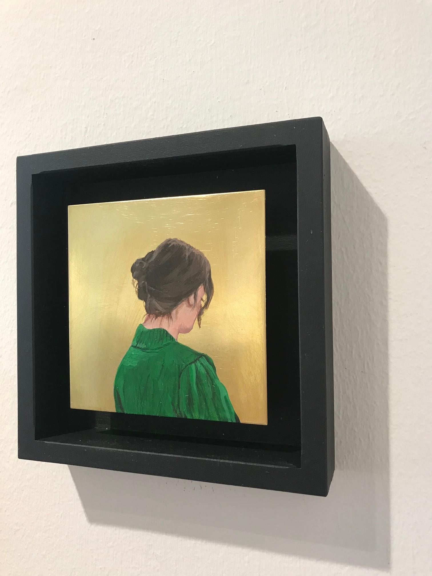''Golden Moment XXXIV'' Contemporary Portrait of Girl with Green Blouse on Brass For Sale 2