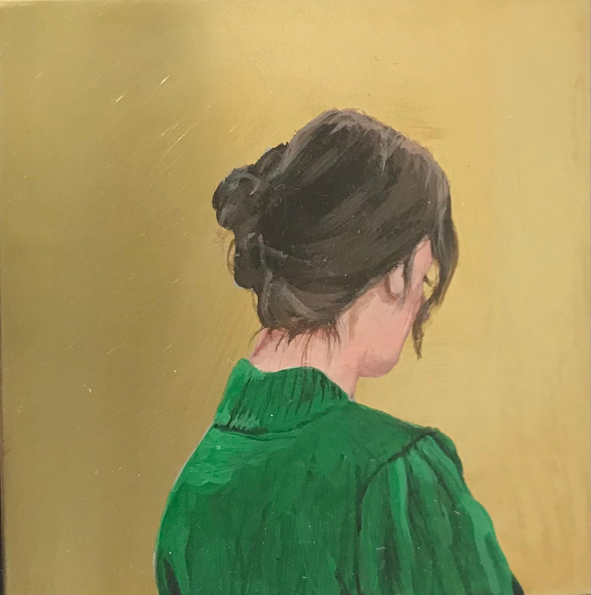 Karoline Kroiss Figurative Painting - ''Golden Moment XXXIV'' Contemporary Portrait of Girl with Green Blouse on Brass