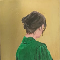 ''Golden Moment XXXIV'' Portrait contemporain d'une jeune fille au chemisier vert sur laiton