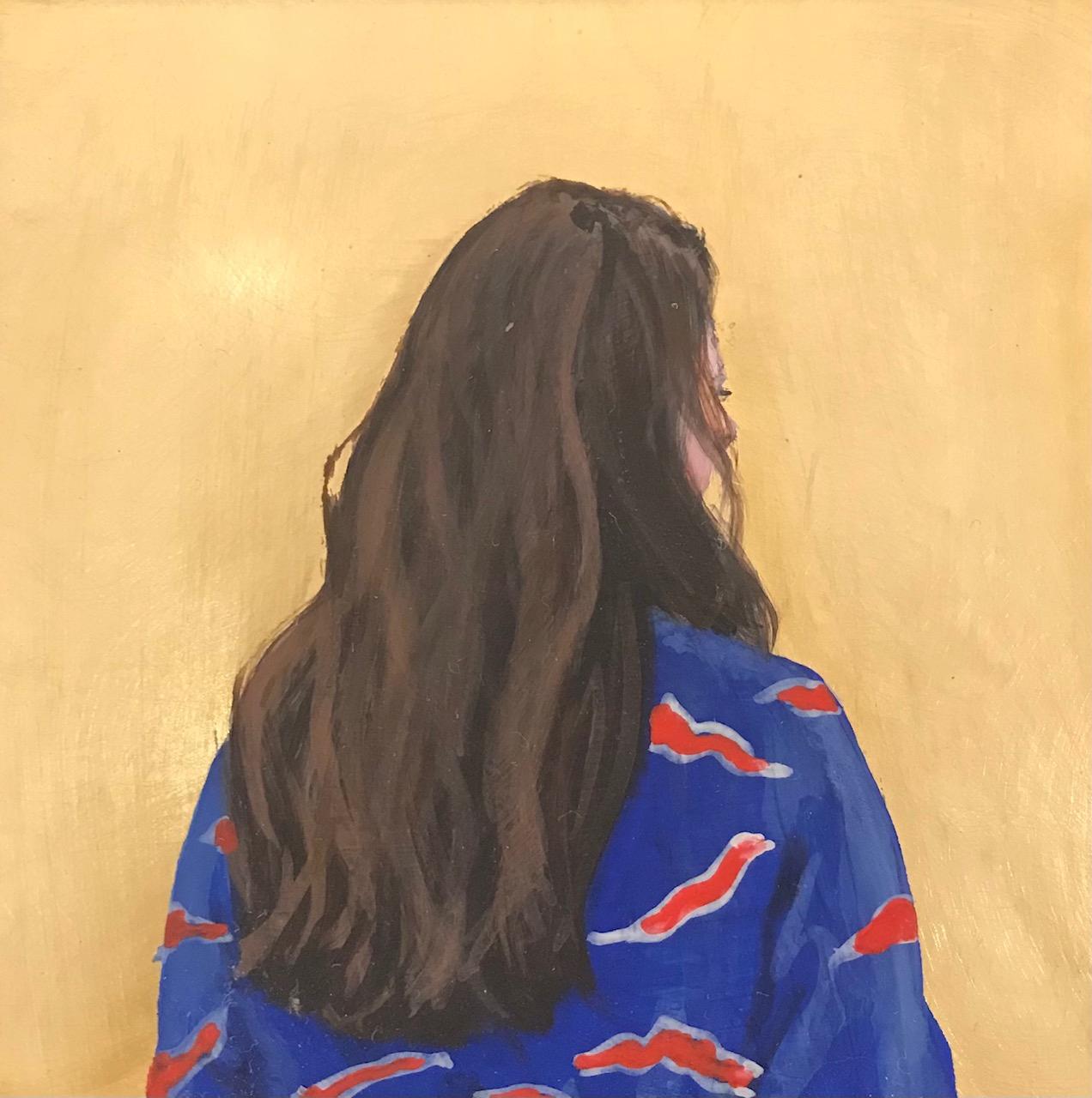 ''Golden Moment XXXV'' Portrait contemporain d'une jeune fille au chemisier bleu sur laiton