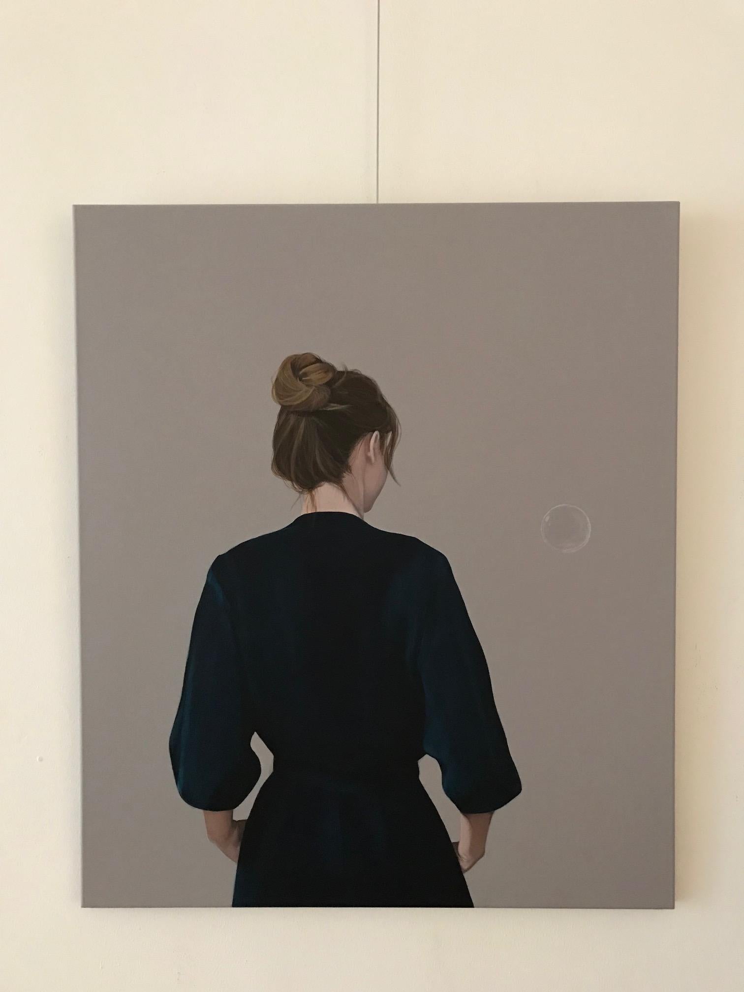 'One Moment Later' Contemporary Portrait Painting of a Girl with Blue Dress 2