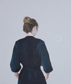 'One Moment Later' Contemporary Portrait Painting of a Girl with Blue Dress