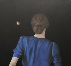 'Trust Signs" Contemporary Portrait Painting of a Girl with Butterfly on Black