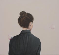 "While Nothing Happens" Contemporary Portrait Painting of a Girl with Bubbles
