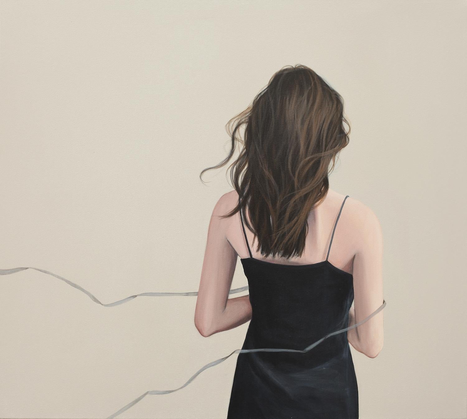 Karoline Kroiss Figurative Painting - ''You hear it too'' Contemporary Portrait of a Girl Embraced by a Silk Ribbon