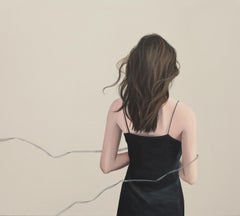 ''You hear it too'' Contemporary Portrait of a Girl Embraced by a Silk Ribbon