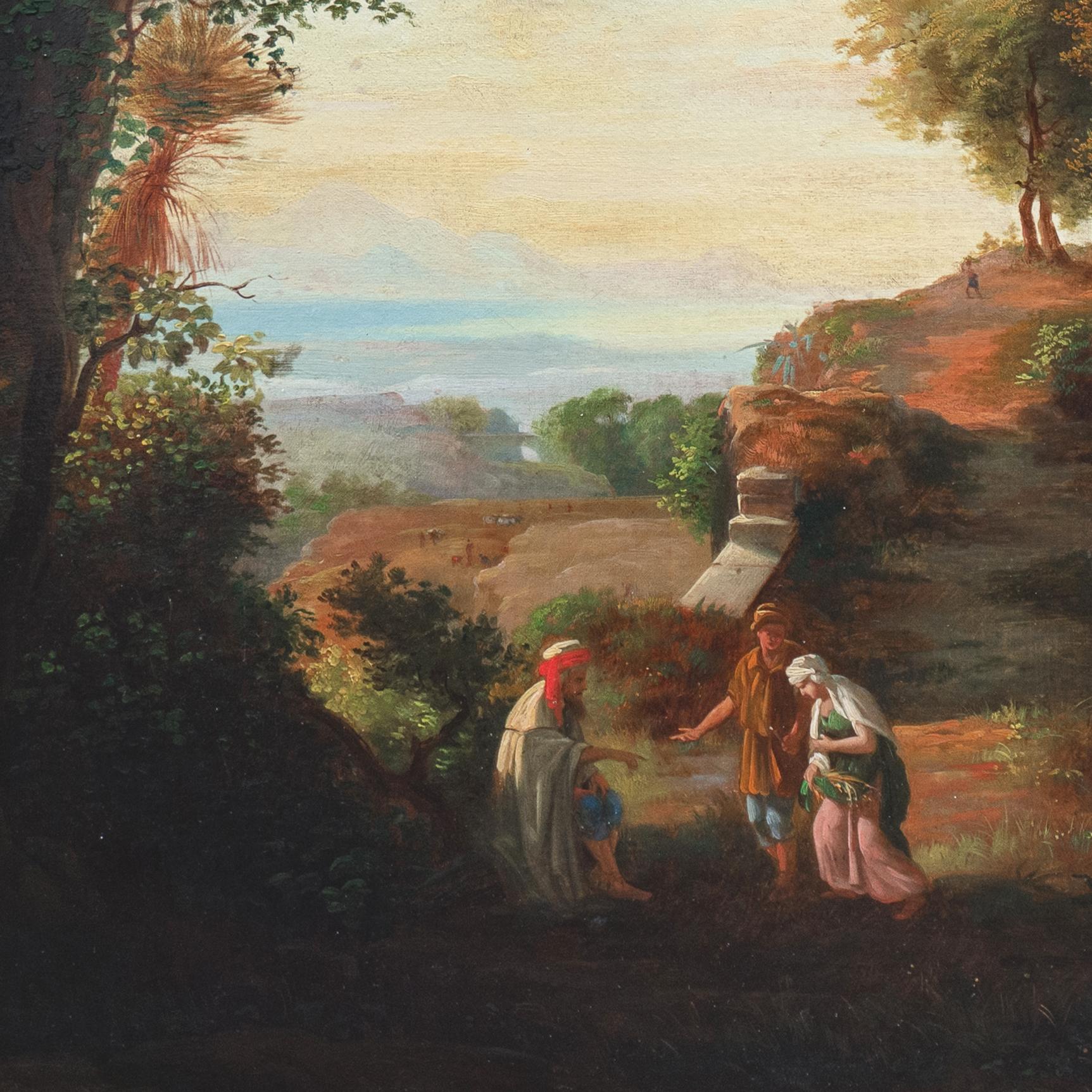 After the original by Károly Markó the Elder (1791–1860).  
A substantial, 19th century figural showing the meeting of Ruth and Boaz, set in a romantic Italianate landscape peopled with numerous other figures. 
Unsigned and painted circa