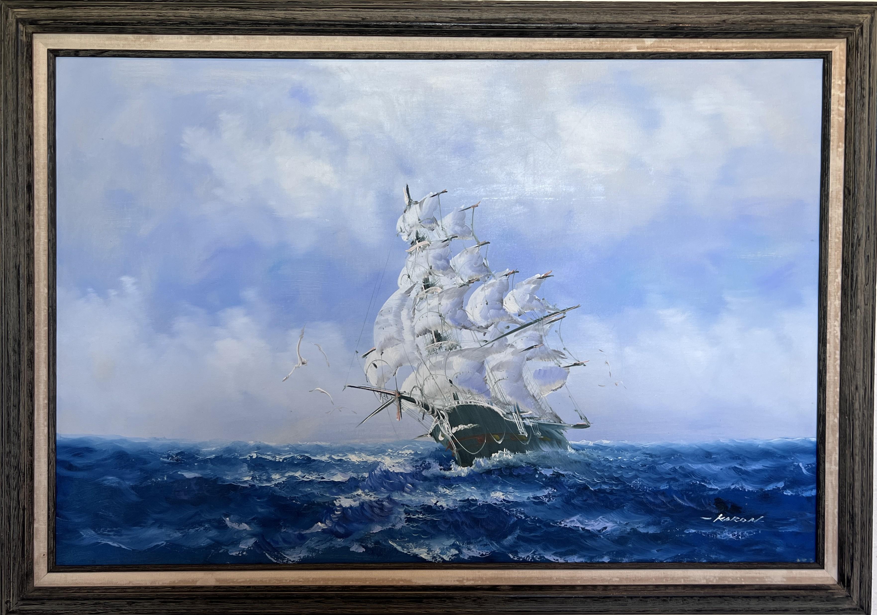 This elegant maritime oil painting by Karon depicts a magnificent tall ship sailing across a rolling ocean under a brilliant blue sky. The artist’s expressive brushwork captures both the strength of the waves and the grace of the wind-filled sails,