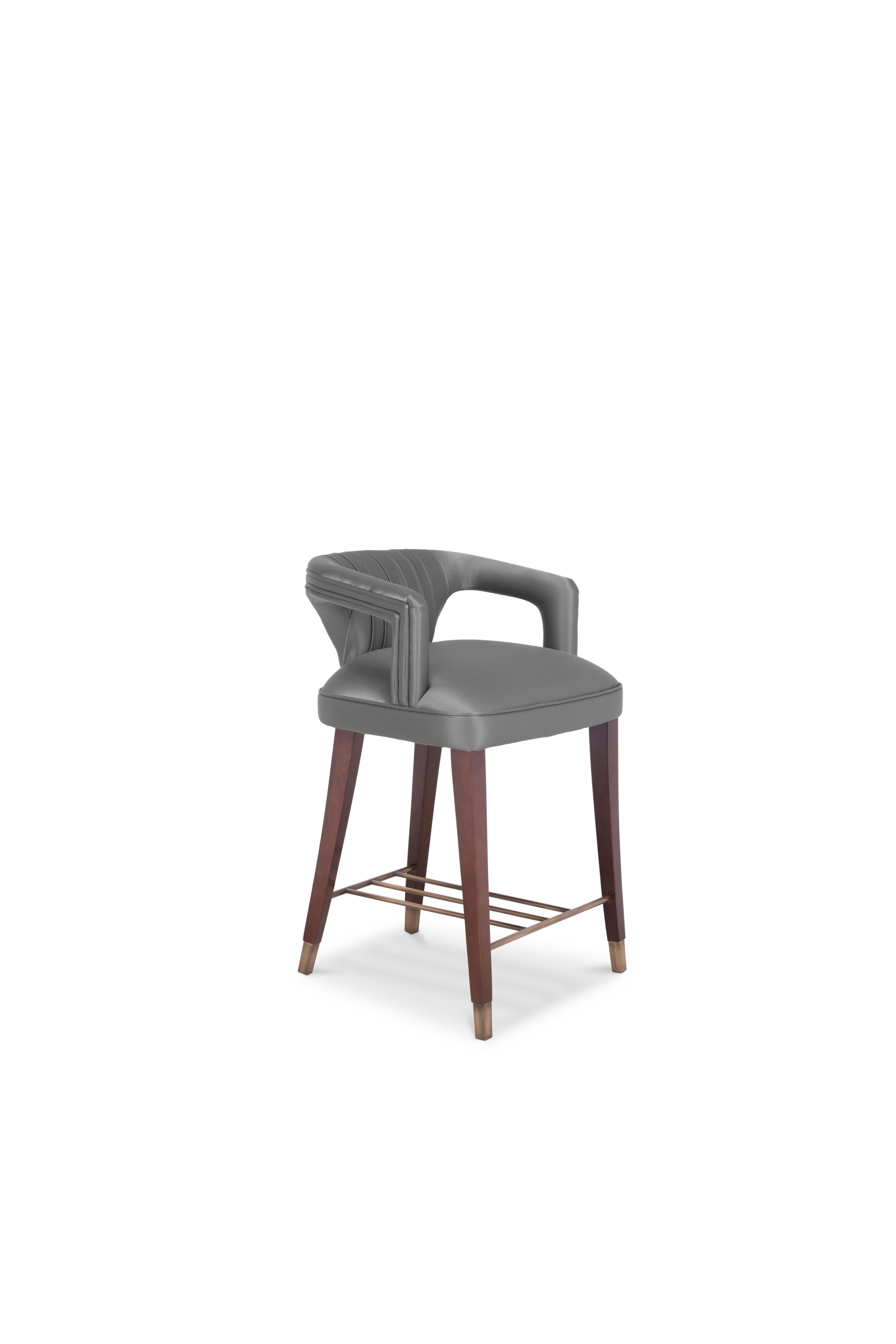 Karoo Counter Stool in Satin with Wood and Brass Detail For Sale 3