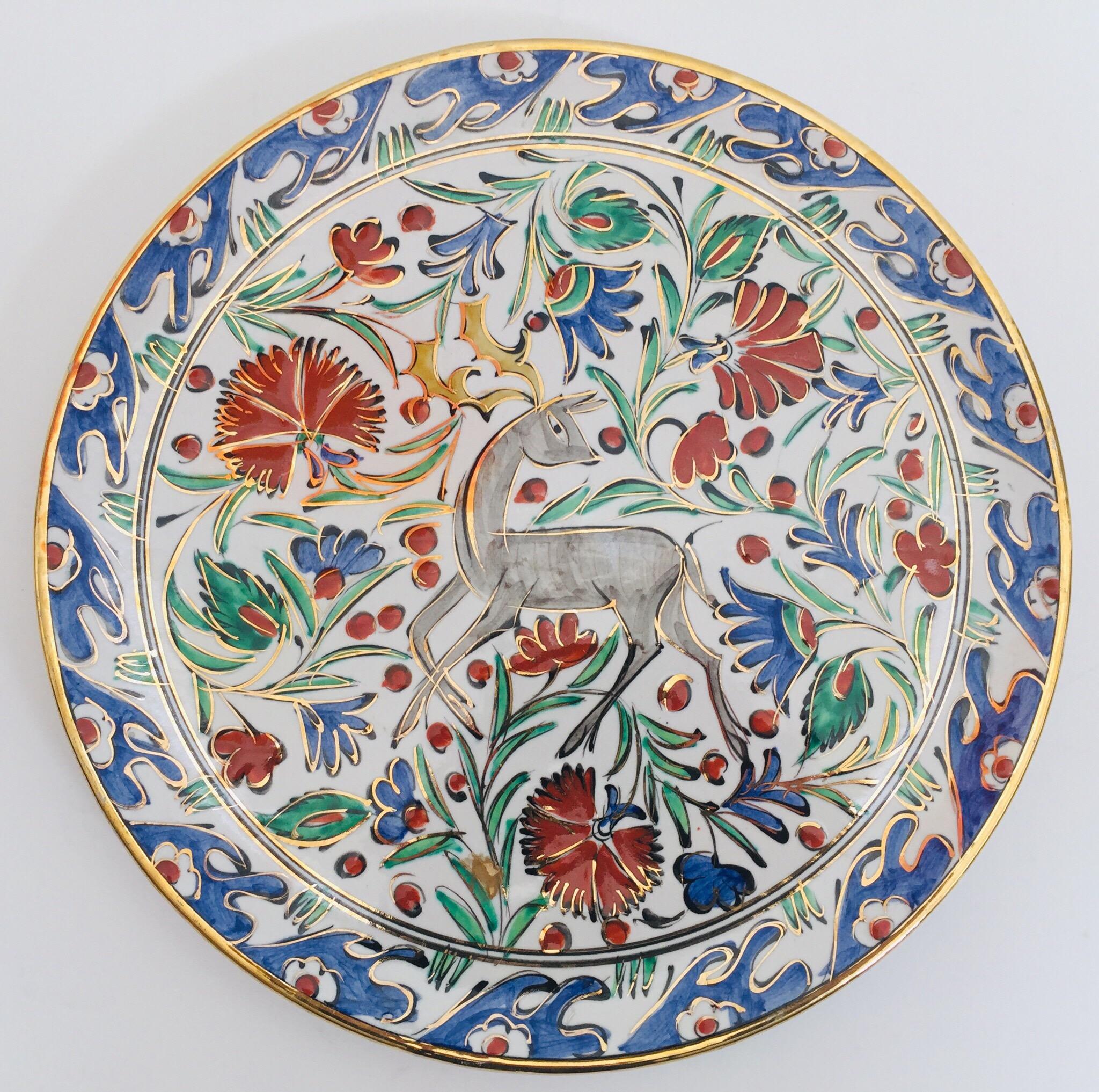 Karos Hand Painted Carnations and Tulips Decorative Plate Rhodes Greece In Good Condition For Sale In North Hollywood, CA