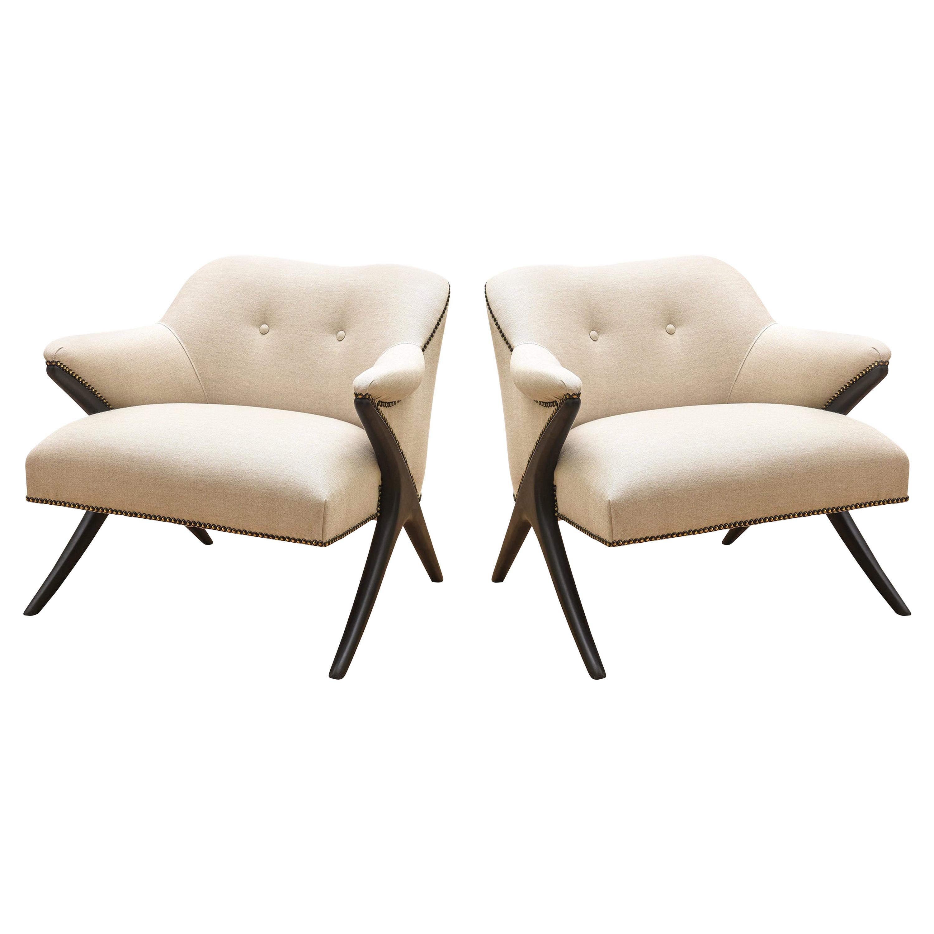 Karpen of Ca. Ebonized and Upholstered Lounge Side Chairs Mid-Century Modern