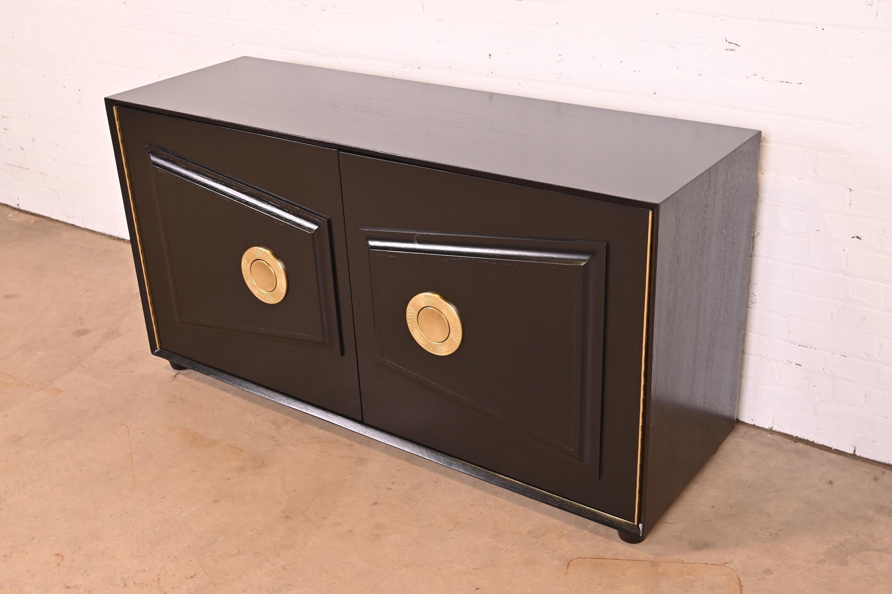 American Karpen of California Black Lacquered Sideboard or Bar Cabinet, Newly Refinished For Sale