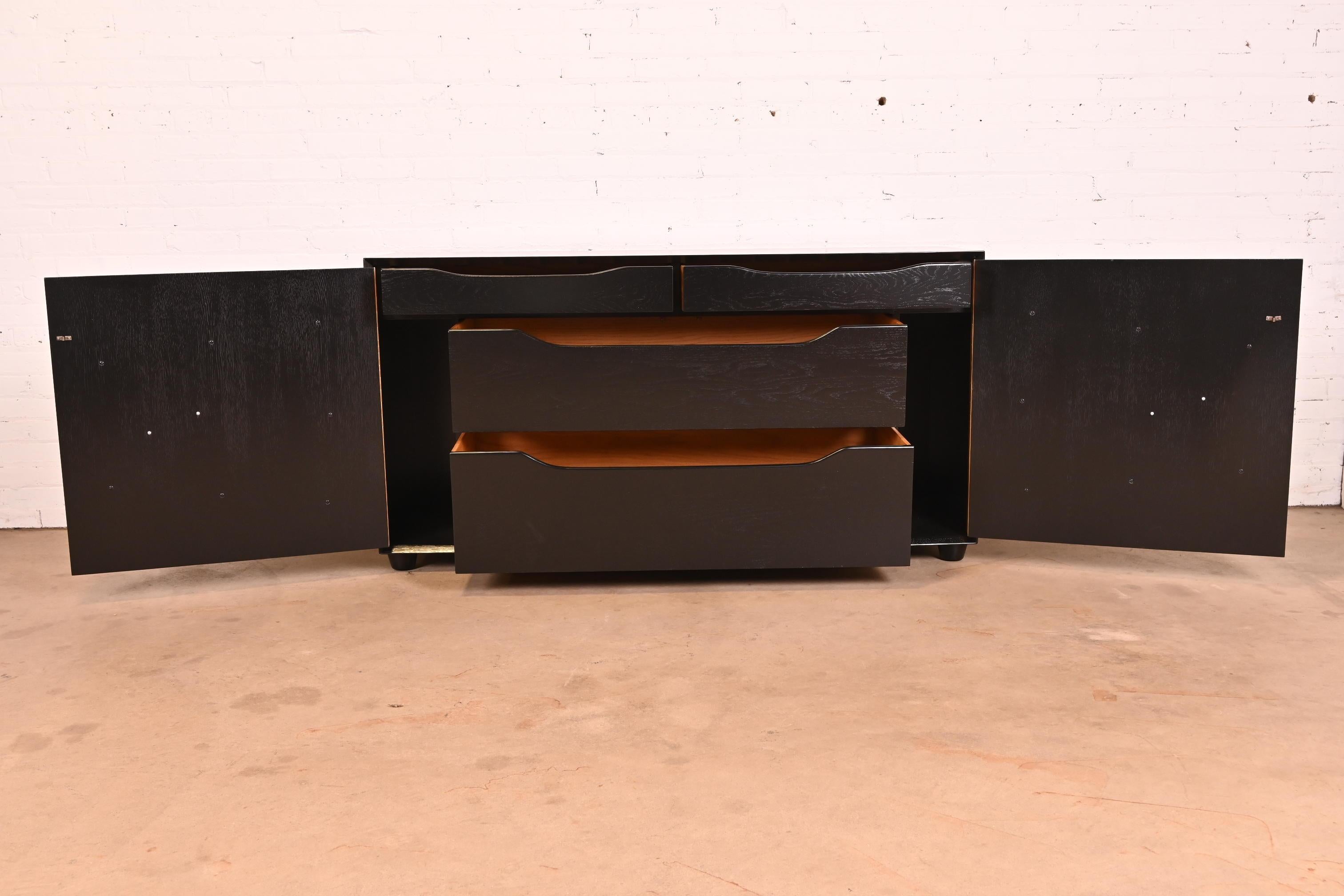 Brass Karpen of California Black Lacquered Sideboard or Bar Cabinet, Newly Refinished For Sale