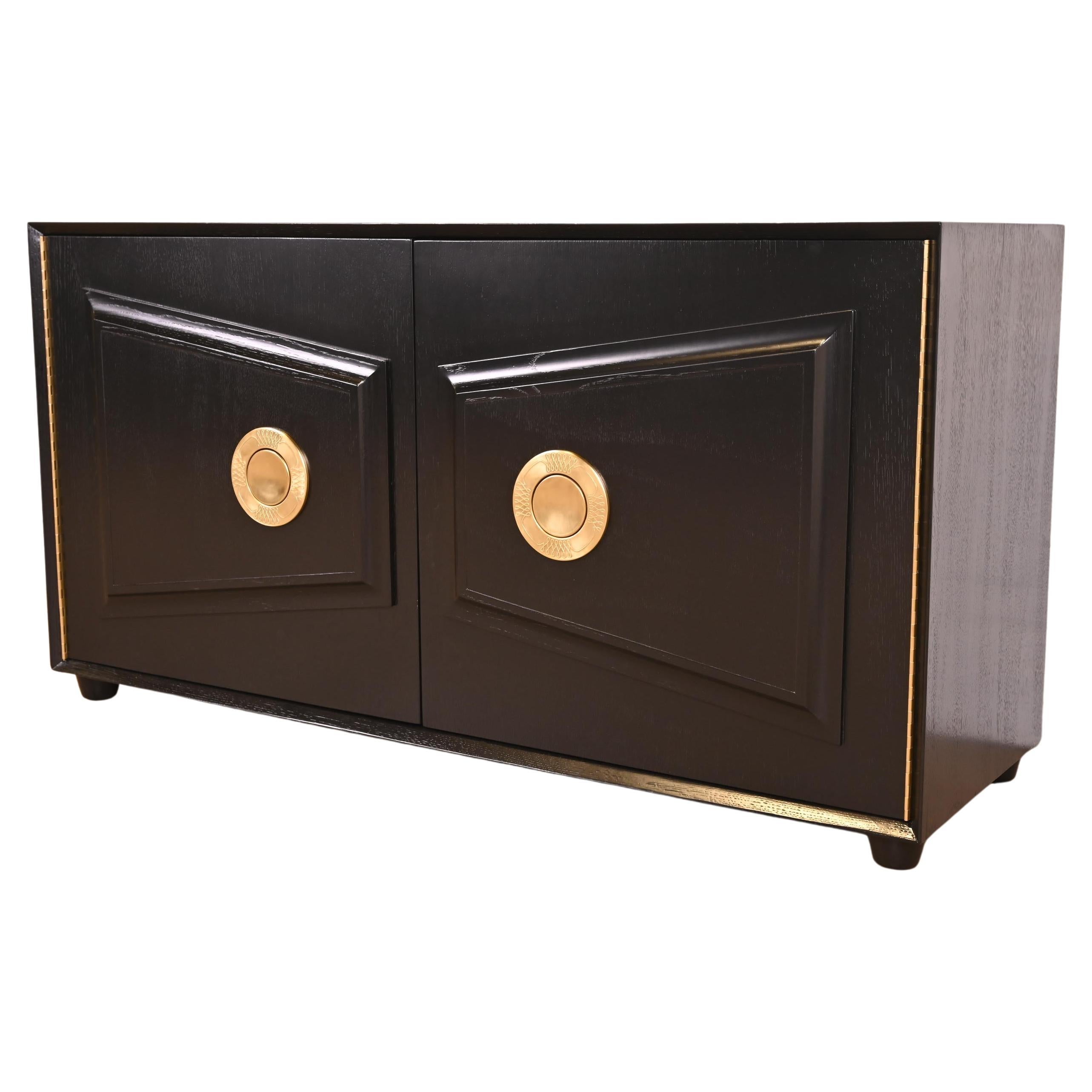 Karpen of California Black Lacquered Sideboard or Bar Cabinet, Newly Refinished For Sale