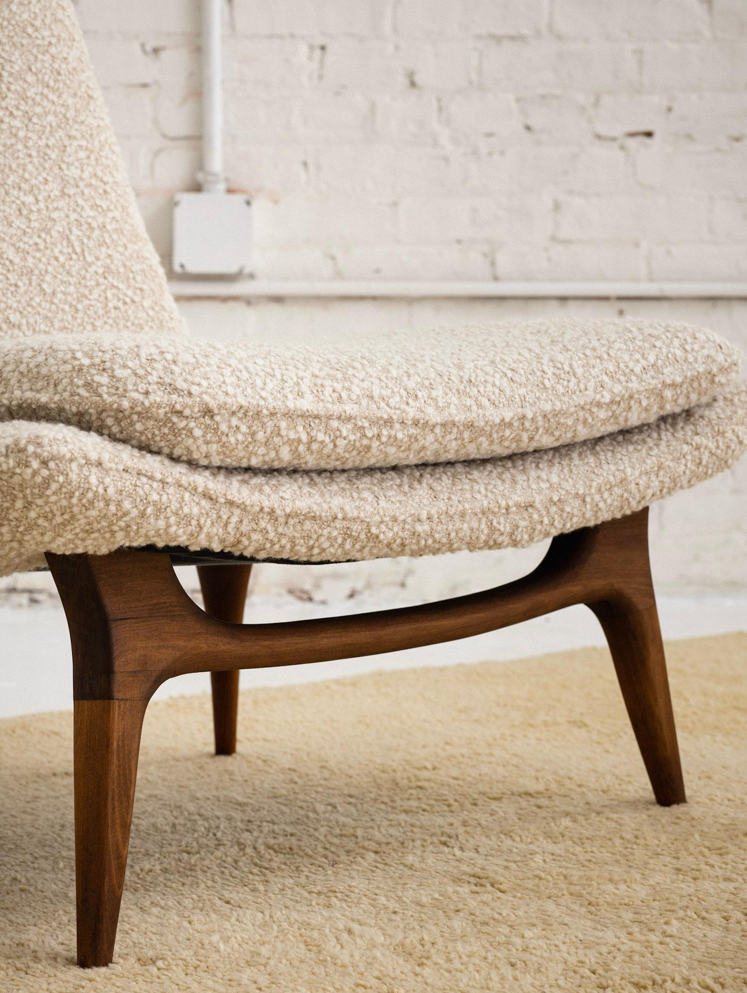 Mid-Century Modern Karpen of California High Back Walnut Slipper Lounge Chair in Wool Bouclé