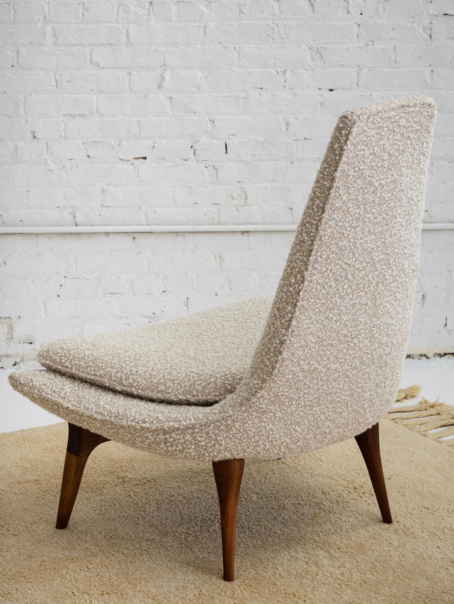 20th Century Karpen of California High Back Walnut Slipper Lounge Chair in Wool Bouclé