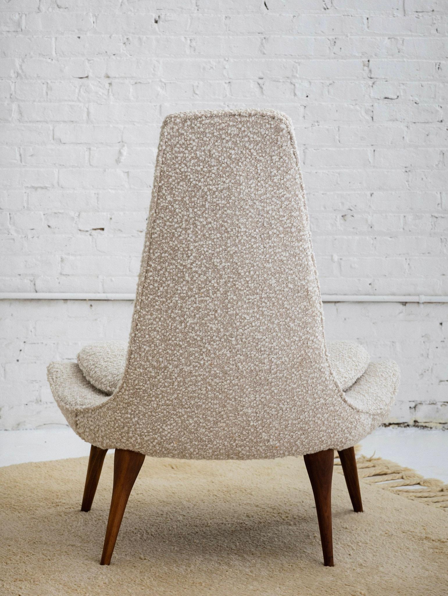 Karpen of California High Back Walnut Slipper Lounge Chair in Wool Bouclé 1