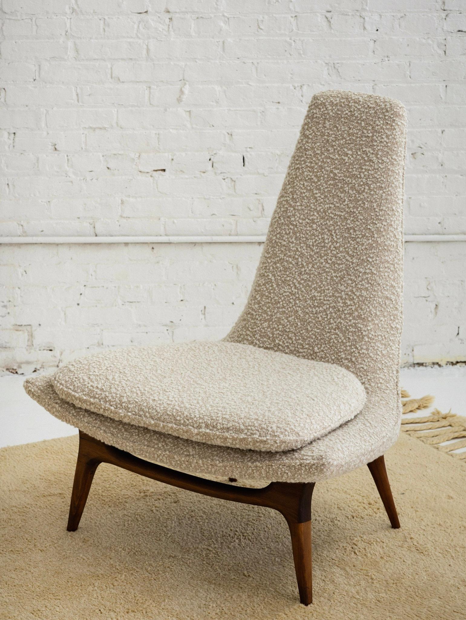 Karpen of California High Back Walnut Slipper Lounge Chair in Wool Bouclé 2