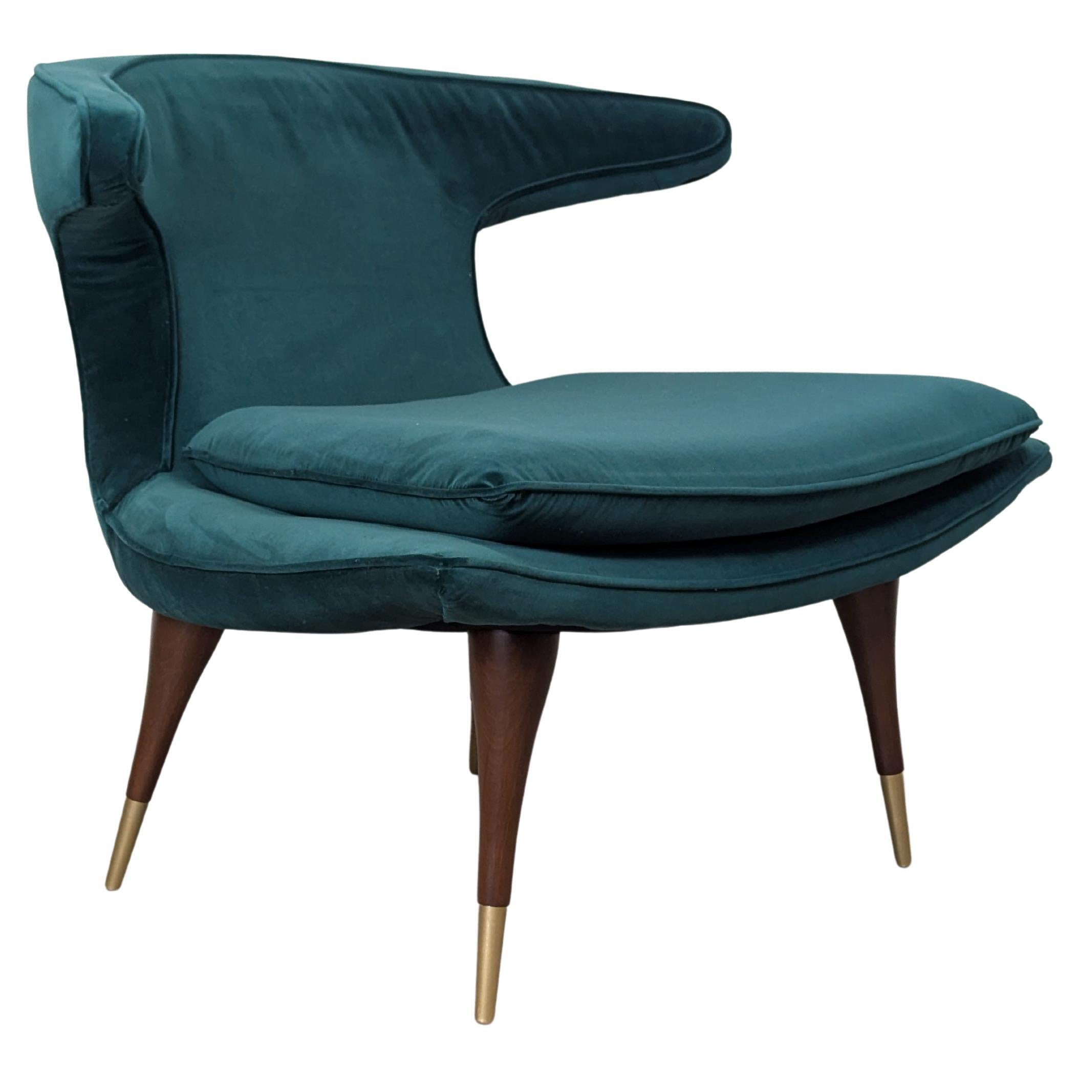 Karpen of California "Horn" Lounge Chair Green Velvet, Walnut, Aluminum, 1950s