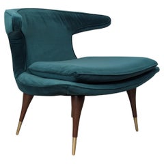 Karpen of California "Horn" Lounge Chair Green Velvet, Walnut, Aluminum, 1950s