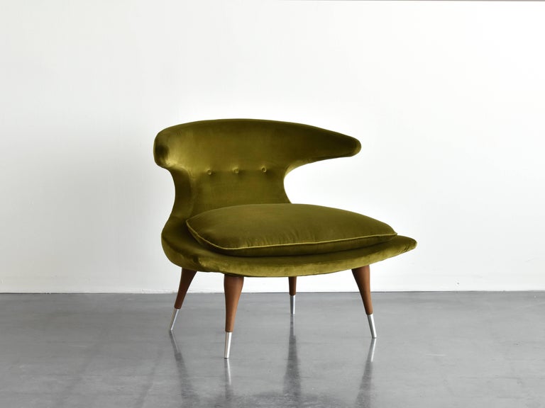 Karpen Of California Horn Lounge Chair Green Velvet Walnut Aluminum 1950s