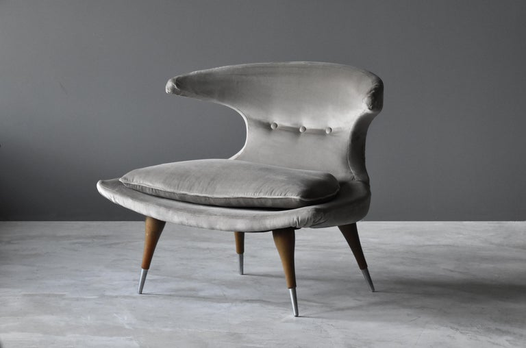 Karpen Of California Horn Lounge Chair Grey Velvet Walnut Aluminum 1950s