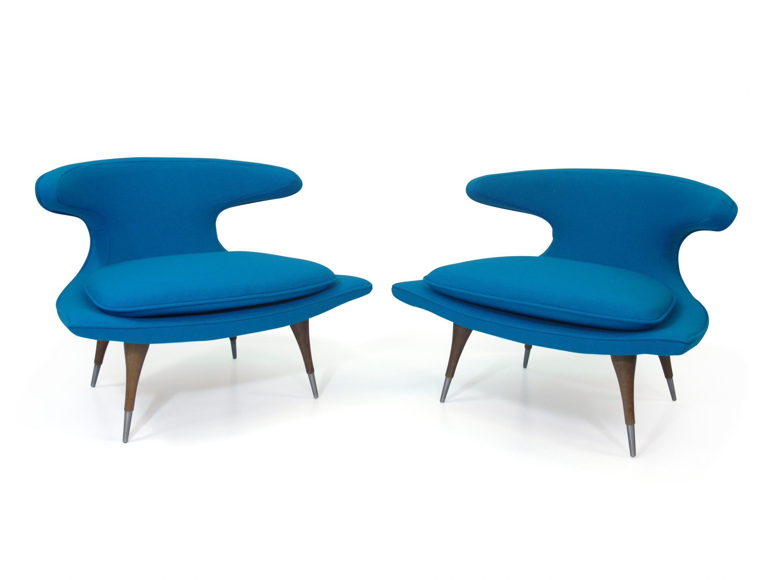 Mid-Century Modern Karpen of California Horn Lounge Chairs Newly Upholstered in Blue Wool For Sale