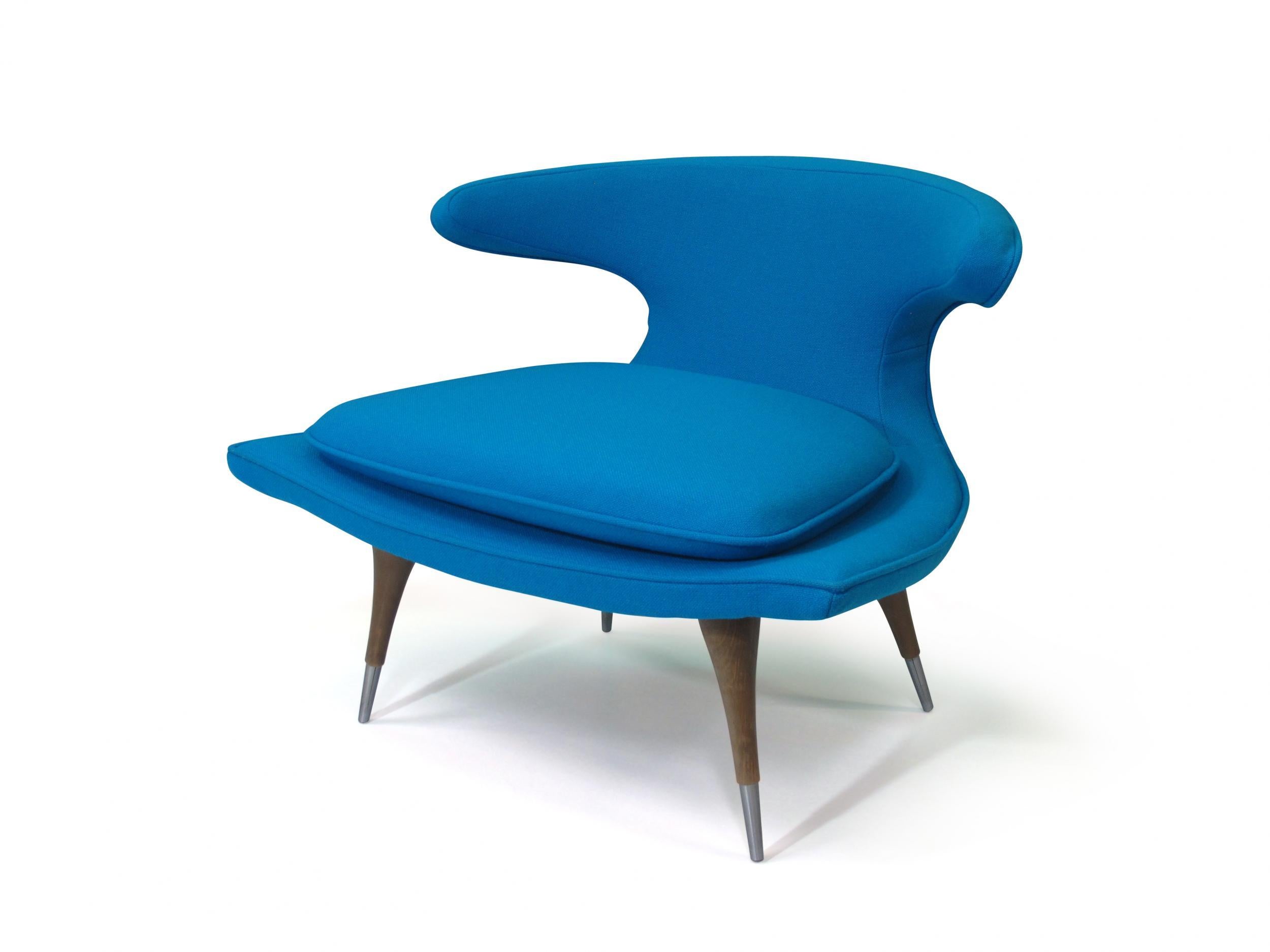 Karpen of California Horn Lounge Chairs Newly Upholstered in Blue Wool In Excellent Condition For Sale In Oakland, CA