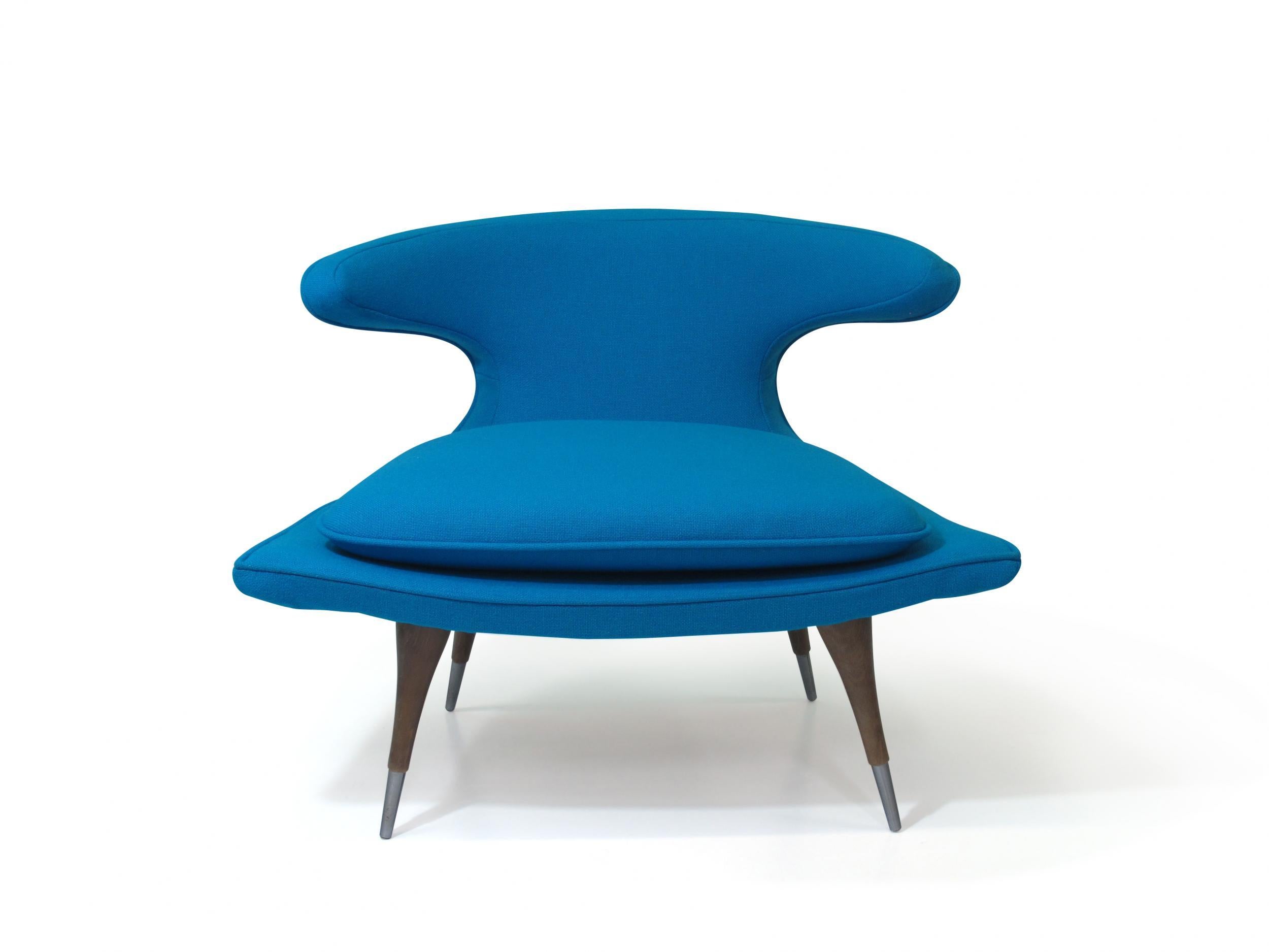 20th Century Karpen of California Horn Lounge Chairs Newly Upholstered in Blue Wool For Sale