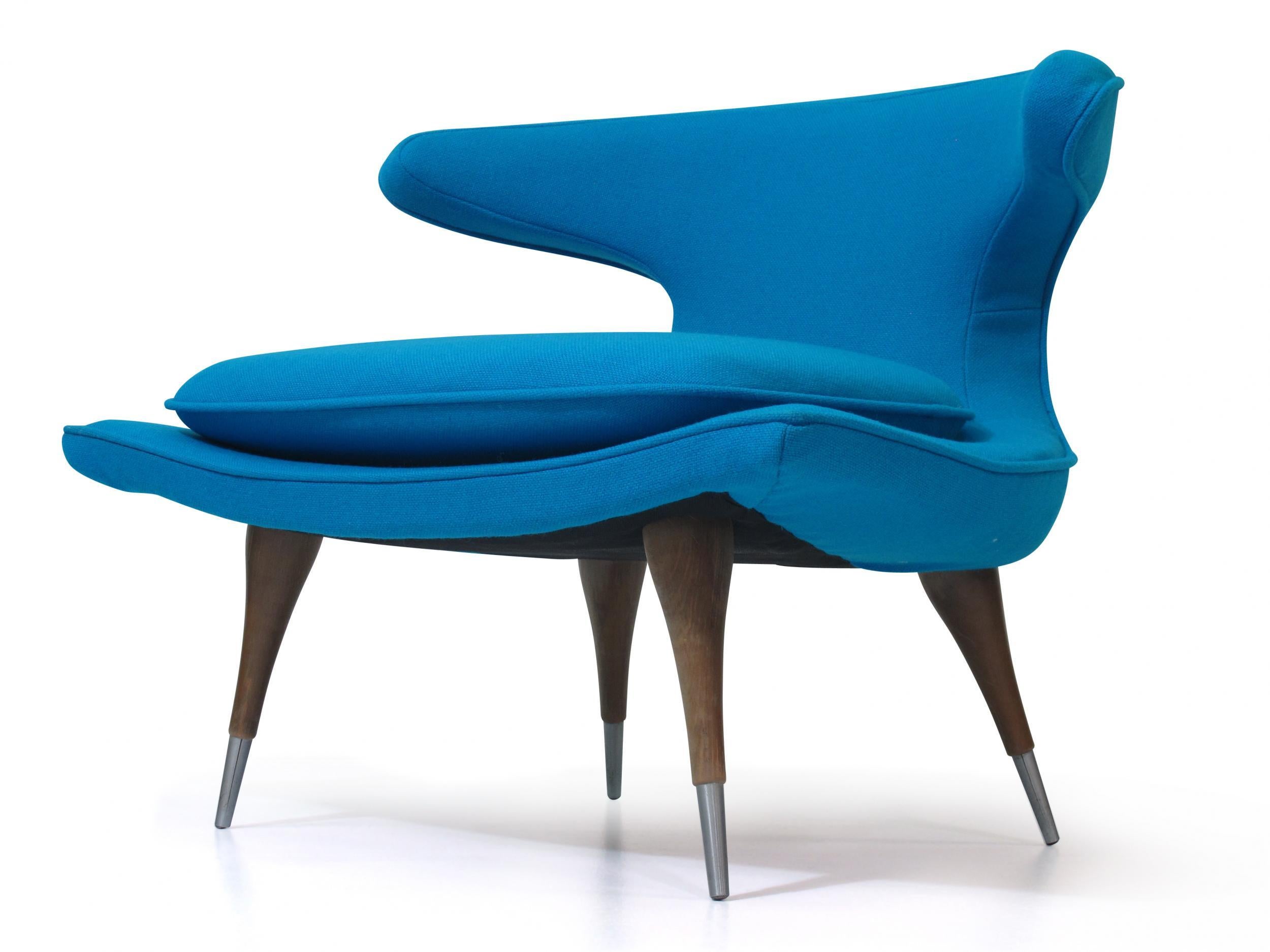 Fabric Karpen of California Horn Lounge Chairs Newly Upholstered in Blue Wool For Sale