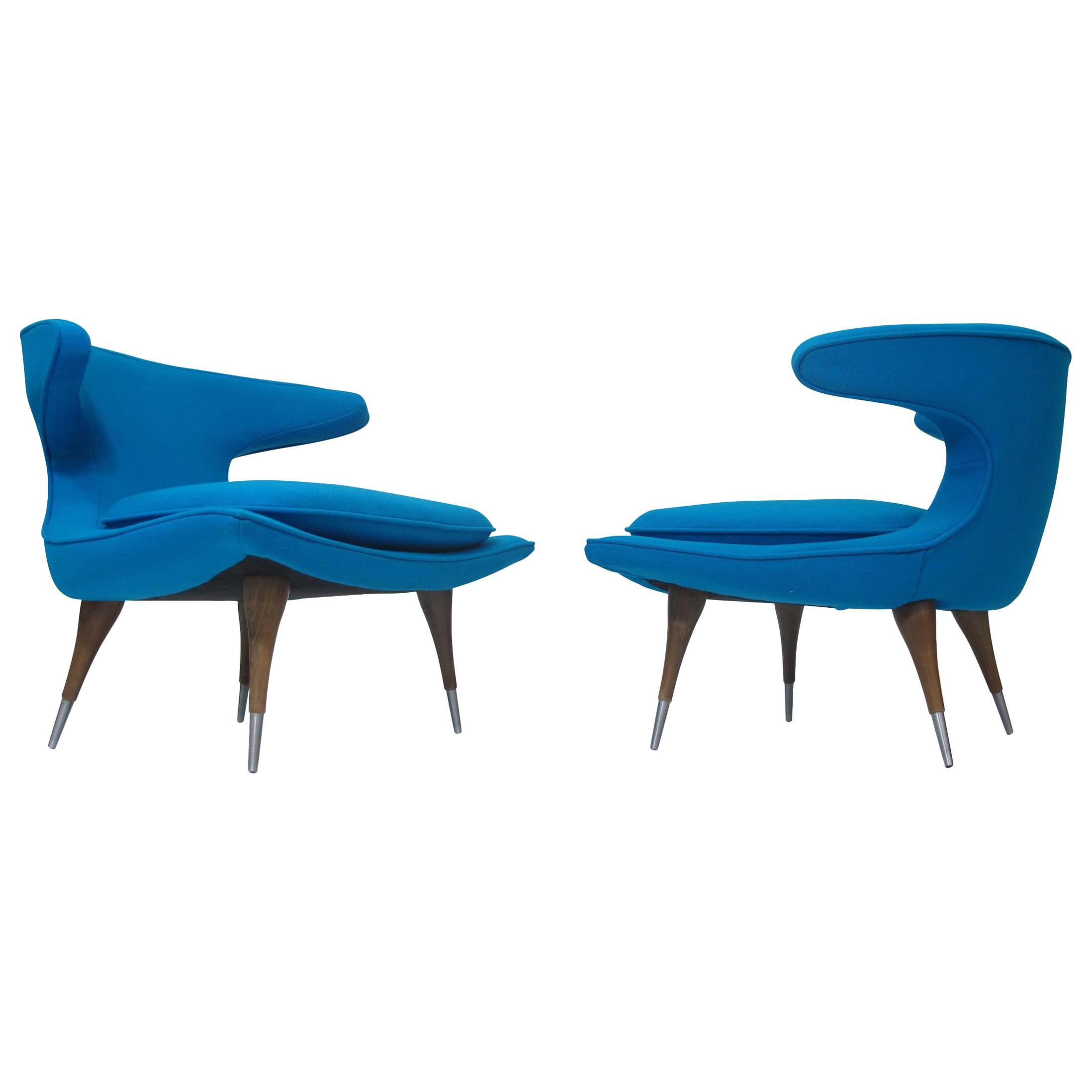 Karpen of California Horn Lounge Chairs Newly Upholstered in Blue Wool For Sale