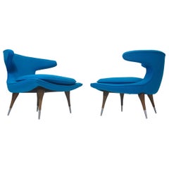 Karpen of California Horn Lounge Chairs Newly Upholstered in Blue Wool