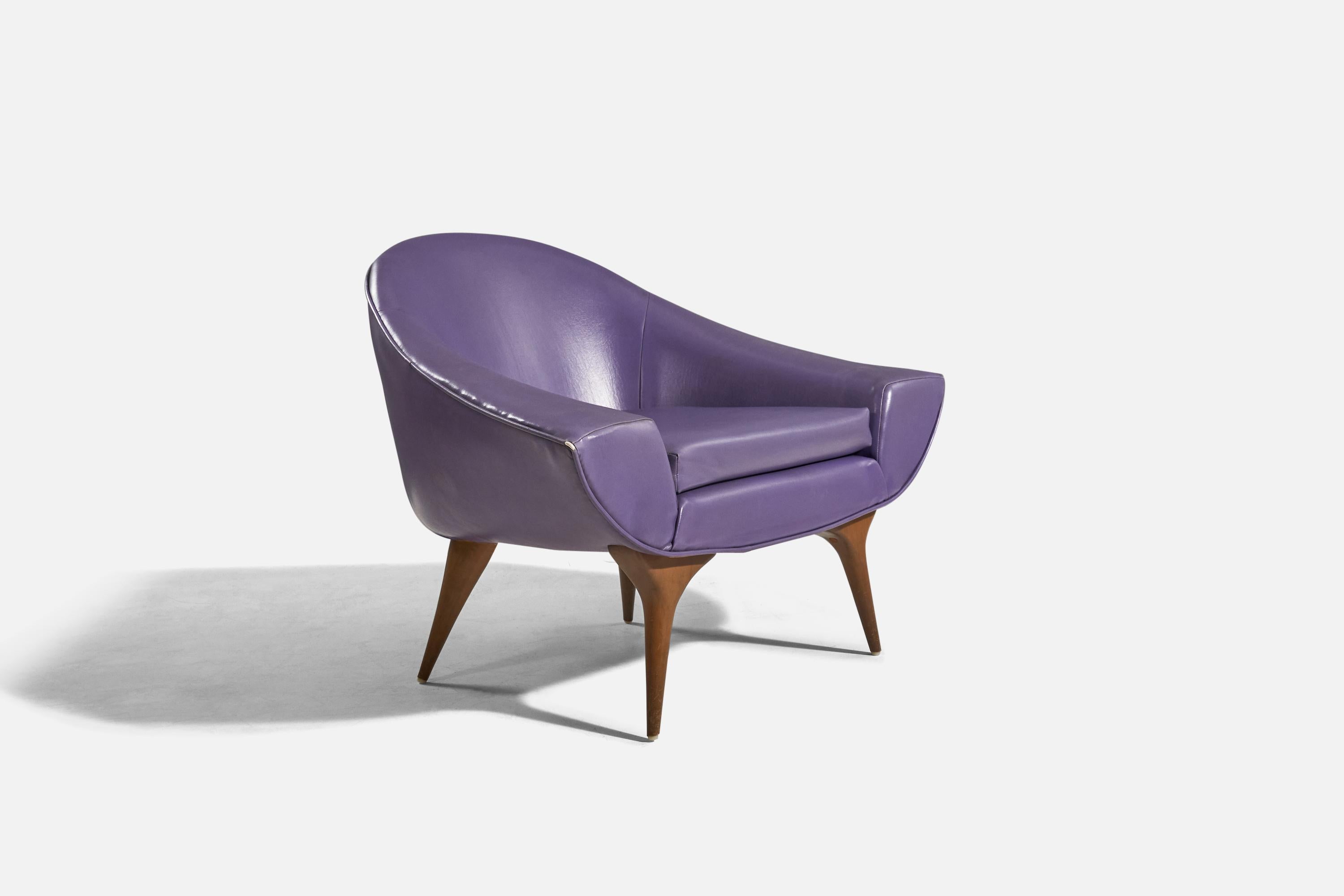 A purple vinyl and walnut lounge chair designed and produced by Karpen of California, USA, 1950s.